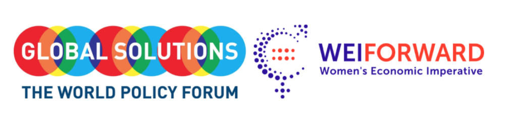 Logos for Global Solutions and WEI Forward, highlighting themes of policy and women's economic empowerment in a colorful design.