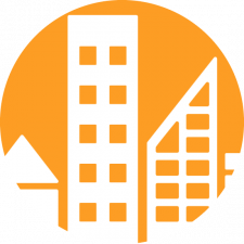A stylized graphic featuring various building shapes in white against an orange circular background.