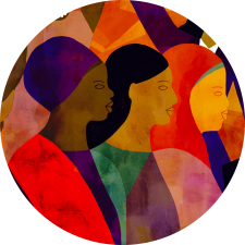 Stylized abstract illustration of diverse women’s profiles in vibrant colors and flowing shapes.