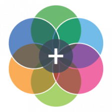 A colorful logo design featuring overlapping circles in various shades, with a central plus symbol representing unity or addition.