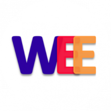 Colorful letters 'WEE' with varying colors on a white circular background.