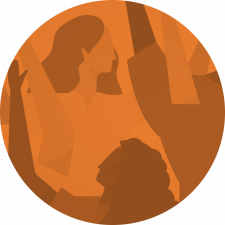 Silhouettes of figures with raised arms in warm orange tones, creating a sense of celebration or unity.
