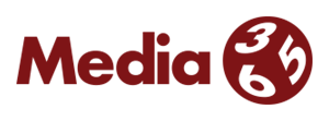 A stylized logo for 'Media 365' featuring a circular emblem and modern text design in deep red and black colors.
