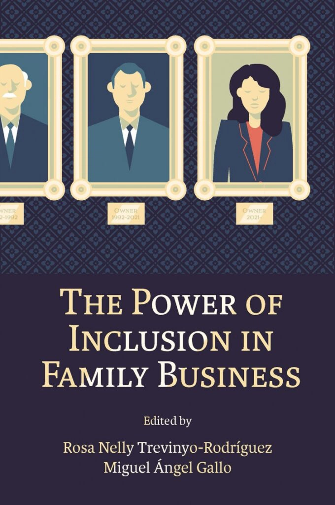 An illustrated book cover featuring three portraits in frames with the title "The Power of Inclusion in Family Business" and authors' names below.