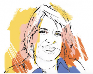 A colorful, abstract portrait of a woman with shoulder-length hair and a cheerful expression, outlined against vibrant brushstroke backgrounds.