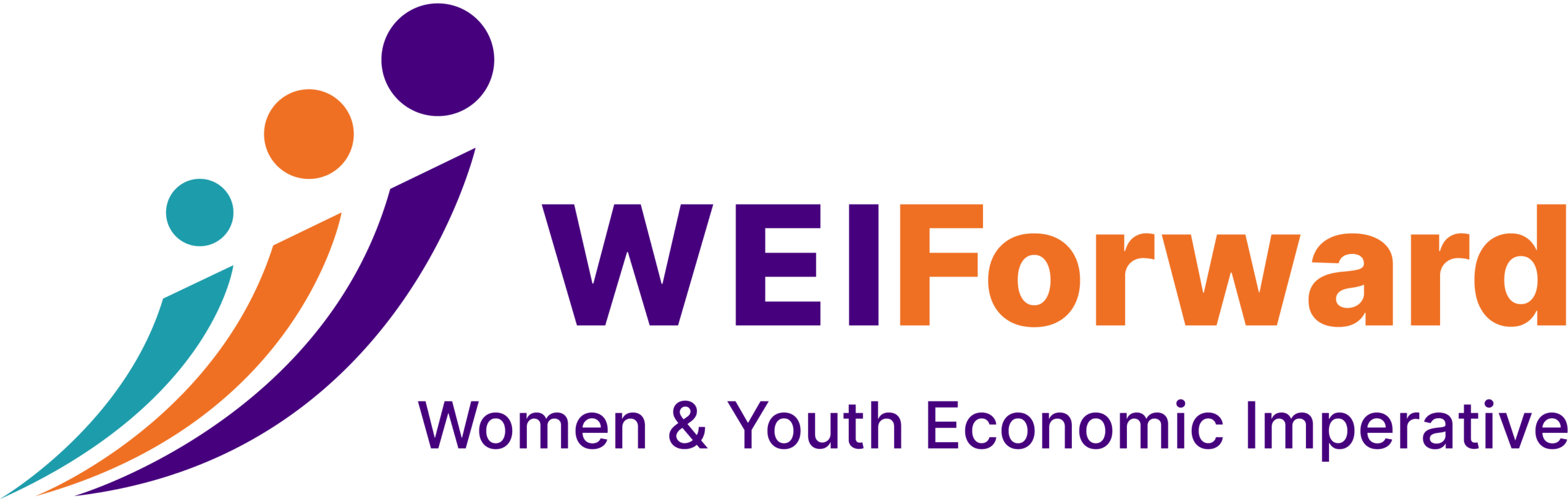 A colorful logo for WEIForward, highlighting women and youth economic empowerment, featuring stylized figures and vibrant lettering.