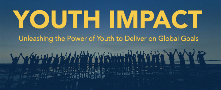 A silhouette of people raising their arms against a blue background, with the text 'Youth Impact' and a slogan about youth power.