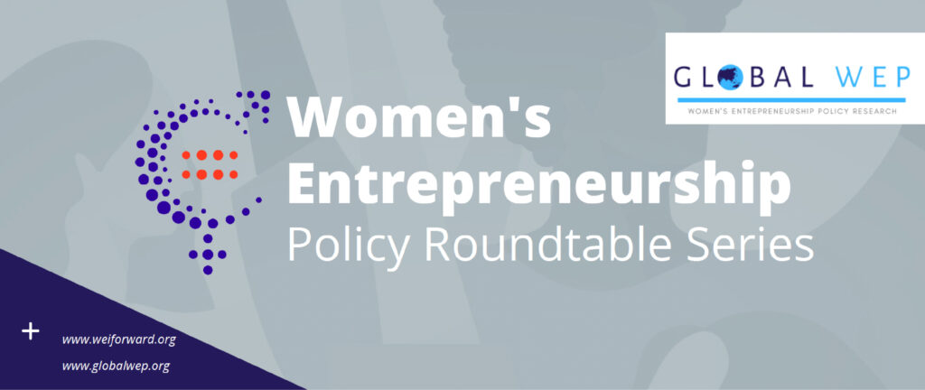 An event announcement banner for a Women's Entrepreneurship Policy Roundtable Series, featuring logos and a modern design.