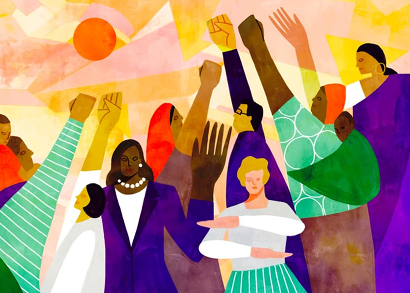 A vibrant illustration of diverse individuals raising their fists in solidarity, with warm colors and abstract shapes in the background.