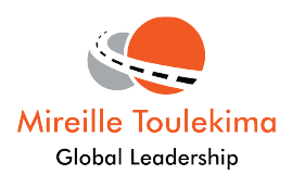 A logo featuring an abstract design with orange and gray circles, accompanied by the text 'Mireille Toulekima Global Leadership'.