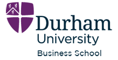 Logo of Durham University Business School featuring a shield design in purple and text in blue.