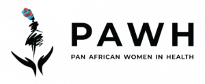 Logo for PAWH, representing Pan African Women in Health, featuring a stylized figure holding a microphone, emphasizing empowerment in health.