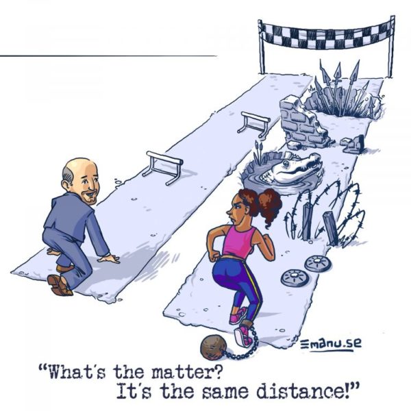 A humorous illustration of a woman running with obstacles on her path, while a man confidently states it's the same distance to the finish line.